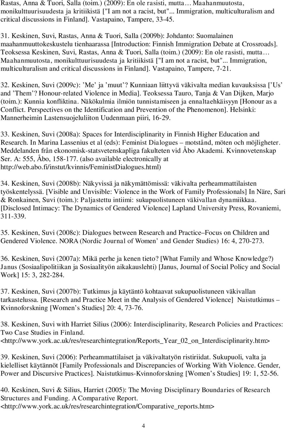 Keskinen, Suvi, Rastas, Anna & Tuori, Salla (2009b): Johdanto: Suomalainen maahanmuuttokeskustelu tienhaarassa [Introduction: Finnish Immigration Debate at Crossroads]. Teoksessa Keskinen, Suvi, .