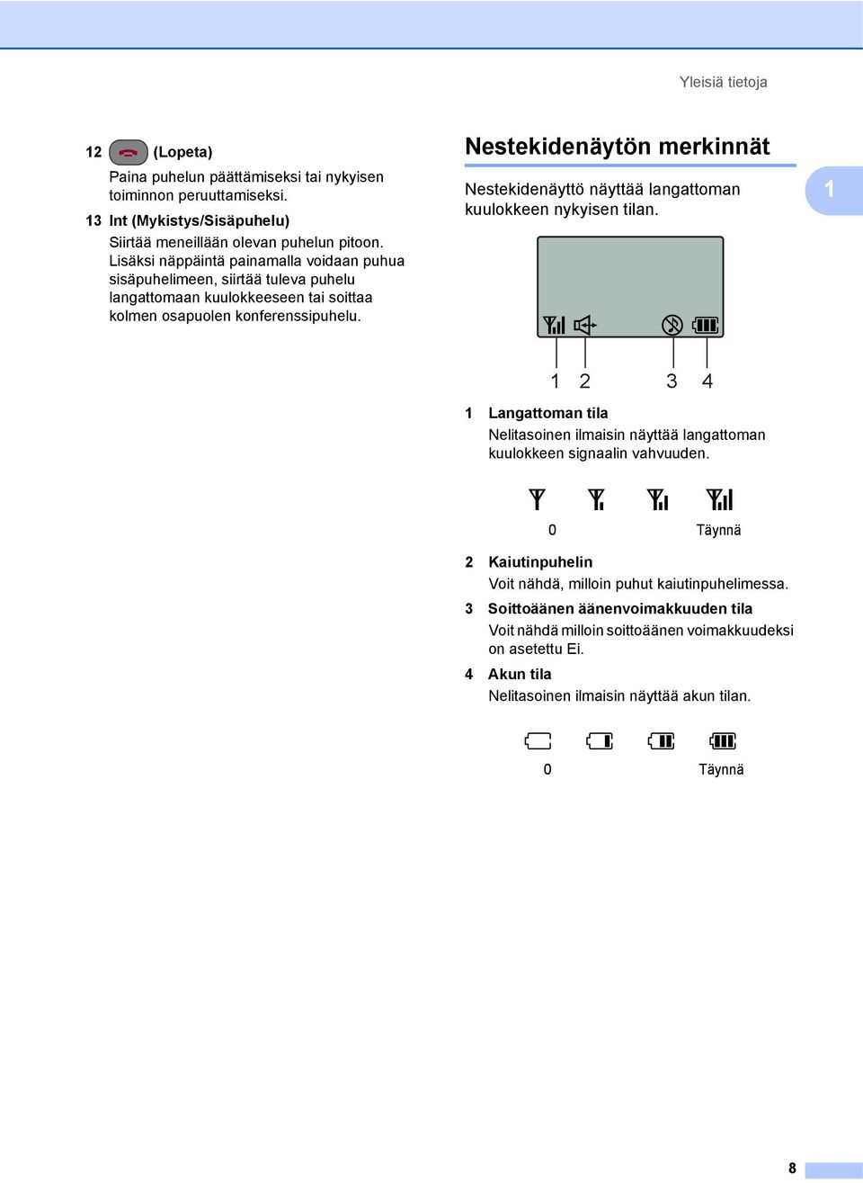 Nestekidenäytön merkinnät 1 Nestekidenäyttö näyttää langattoman kuulokkeen nykyisen tilan.