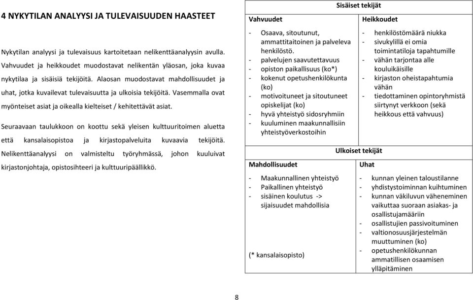 Vasemmalla ovat myönteiset asiat ja oikealla kielteiset / kehitettävät asiat.