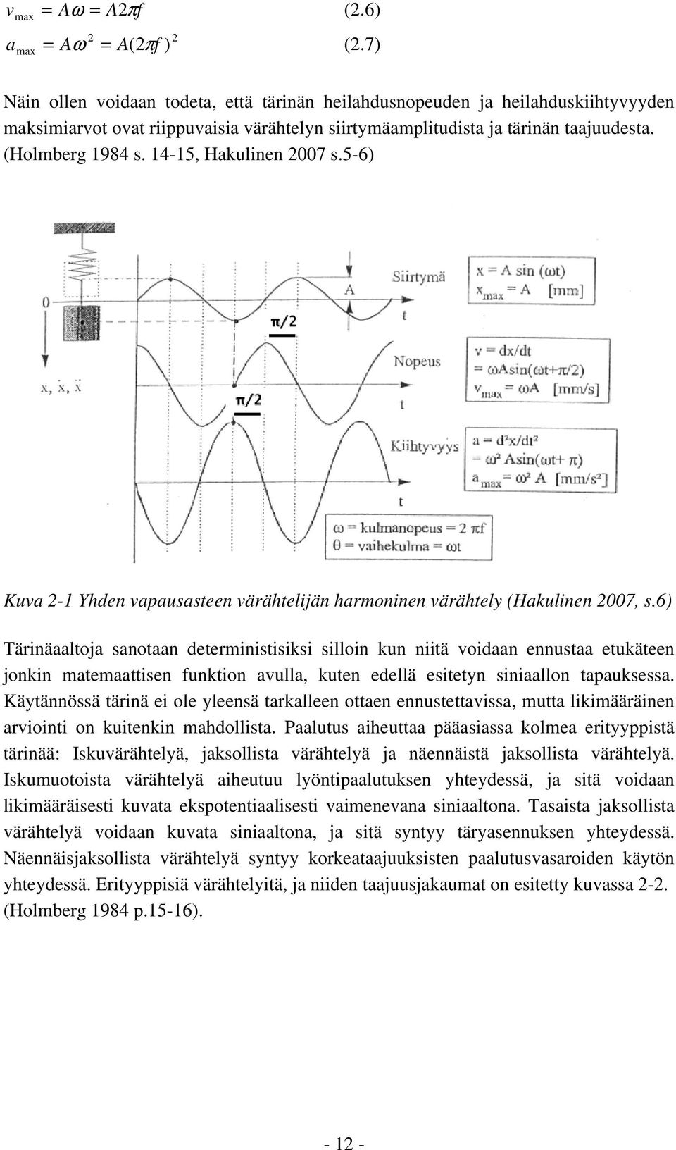 14-15, Hakulinen 2007 s.5-6) Kuva 2-1 Yhden vapausasteen värähtelijän harmoninen värähtely (Hakulinen 2007, s.