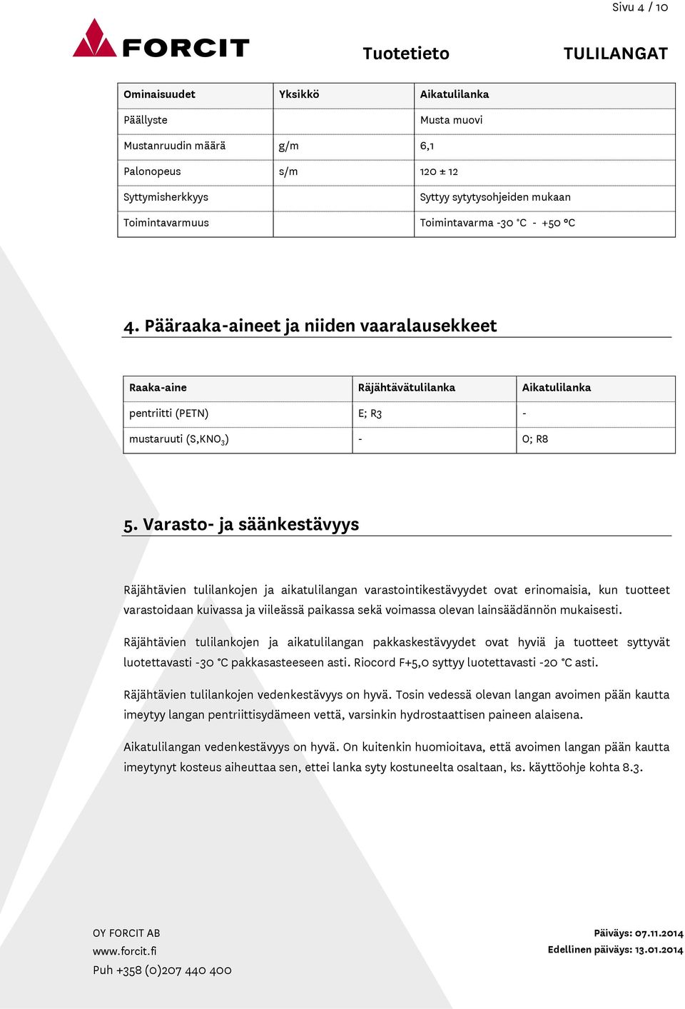 Varasto- ja säänkestävyys Räjähtävien tulilankojen ja aikatulilangan varastointikestävyydet ovat erinomaisia, kun tuotteet varastoidaan kuivassa ja viileässä paikassa sekä voimassa olevan