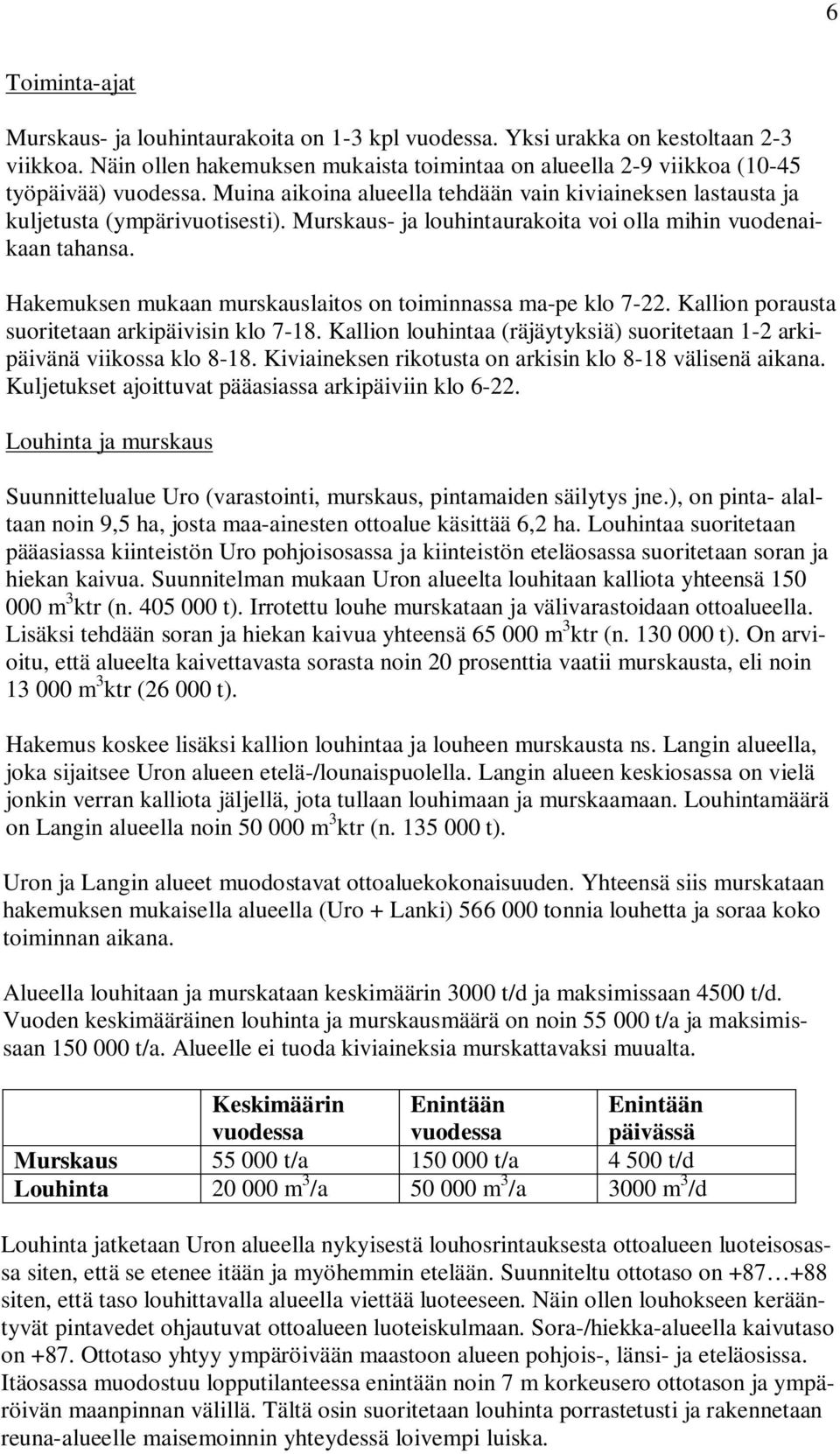 Hakemuksen mukaan murskauslaitos on toiminnassa ma-pe klo 7-22. Kallion porausta suoritetaan arkipäivisin klo 7-18. Kallion louhintaa (räjäytyksiä) suoritetaan 1-2 arkipäivänä viikossa klo 8-18.