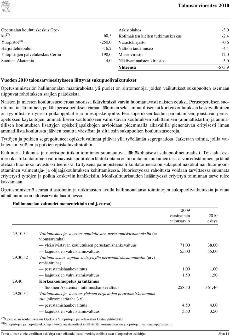 Opetusministeriön hallinnonalan määrärahoista yli puolet on siirtomenoja, joiden vaikutukset sukupuolten asemaan riippuvat rahoituksen saajien päätöksistä.