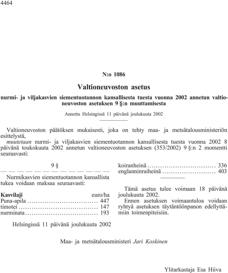 valtioneuvoston asetuksen (353/2002) 9 :n 2 momentti seuraavasti: 9 Nurmikasvien siementuotannon kansallista tukea voidaan maksaa seuraavasti: Kasvilaji euro/ha Puna-apila... 447 timotei.