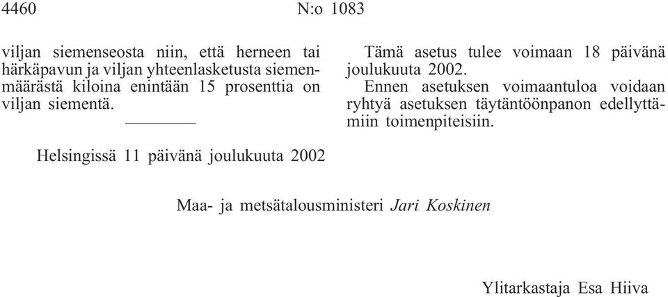 Tämä asetus tulee voimaan 18 päivänä joulukuuta 2002.