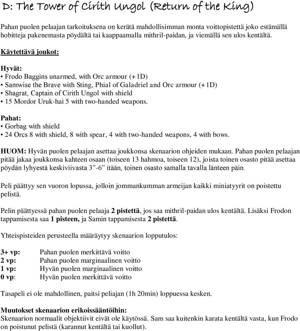 Käytettävä joukot: Hyvät: Frodo Baggins unarmed, with Orc armour (+1D) Samwise the Brave with Sting, Phial of Galadriel and Orc armour (+1D) Shagrat, Captain of Cirith Ungol with shield 15 Mordor