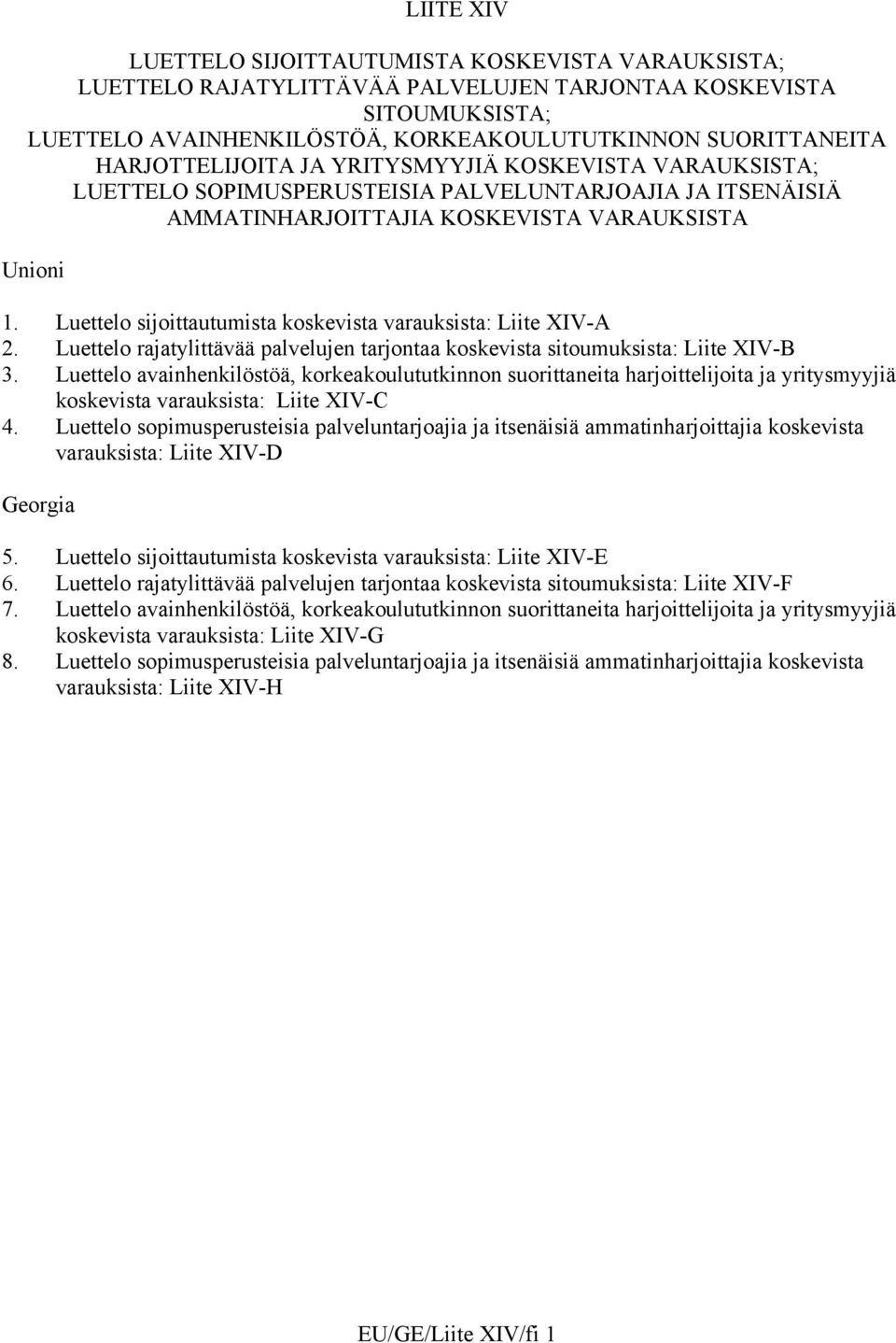 Luettelo sijoittautumista koskevista varauksista: Liite XIV-A 2. Luettelo rajatylittävää palvelujen tarjontaa koskevista sitoumuksista: Liite XIV-B 3.