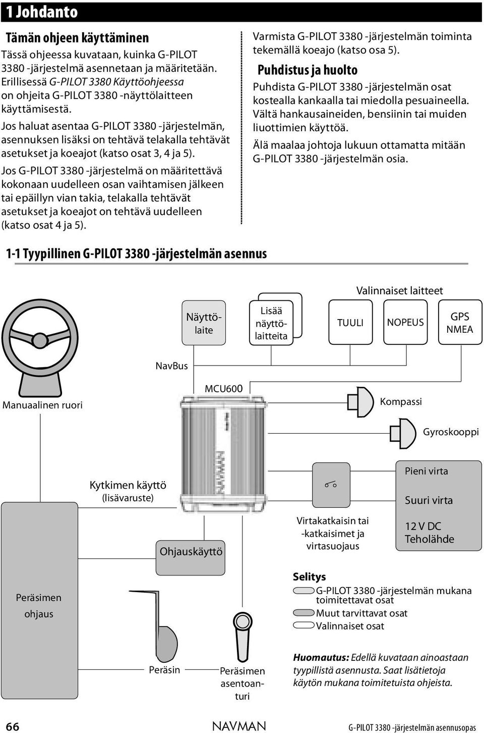 Jos haluat asentaa G-PILOT 3380 -järjestelmän, asennuksen lisäksi on tehtävä telakalla tehtävät asetukset ja koeajot (katso osat 3, 4 ja 5).