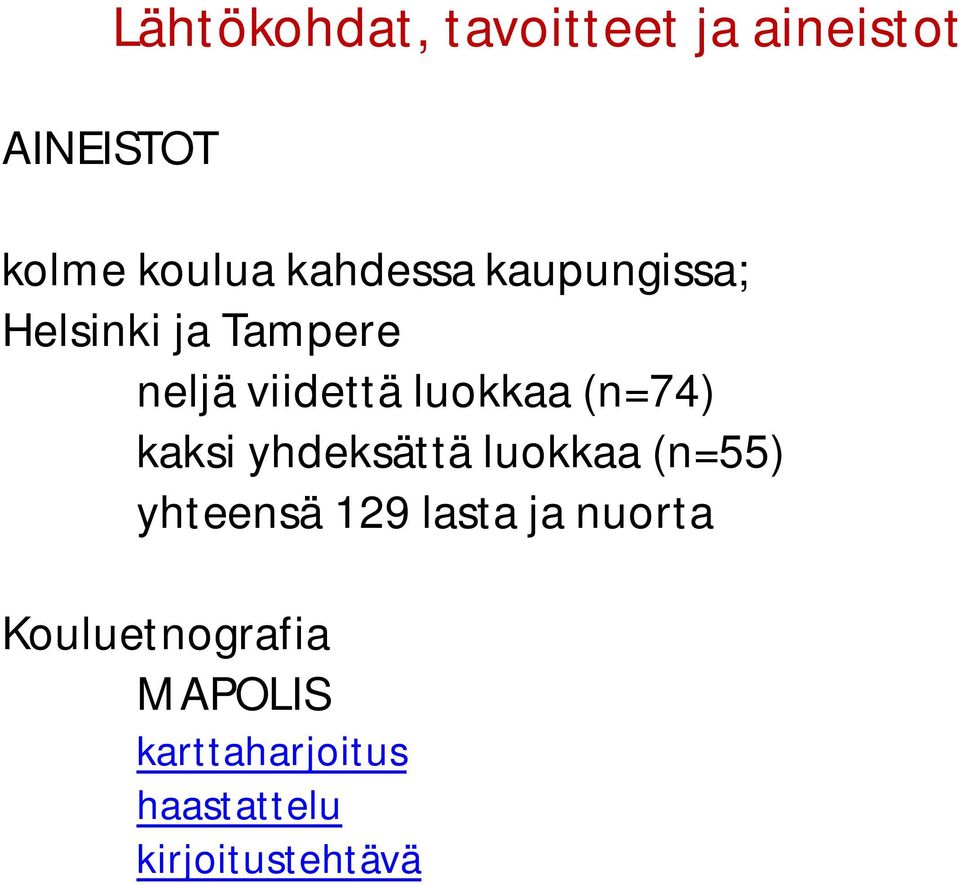 (n=74) kaksi yhdeksättä luokkaa (n=55) yhteensä 129 lasta ja