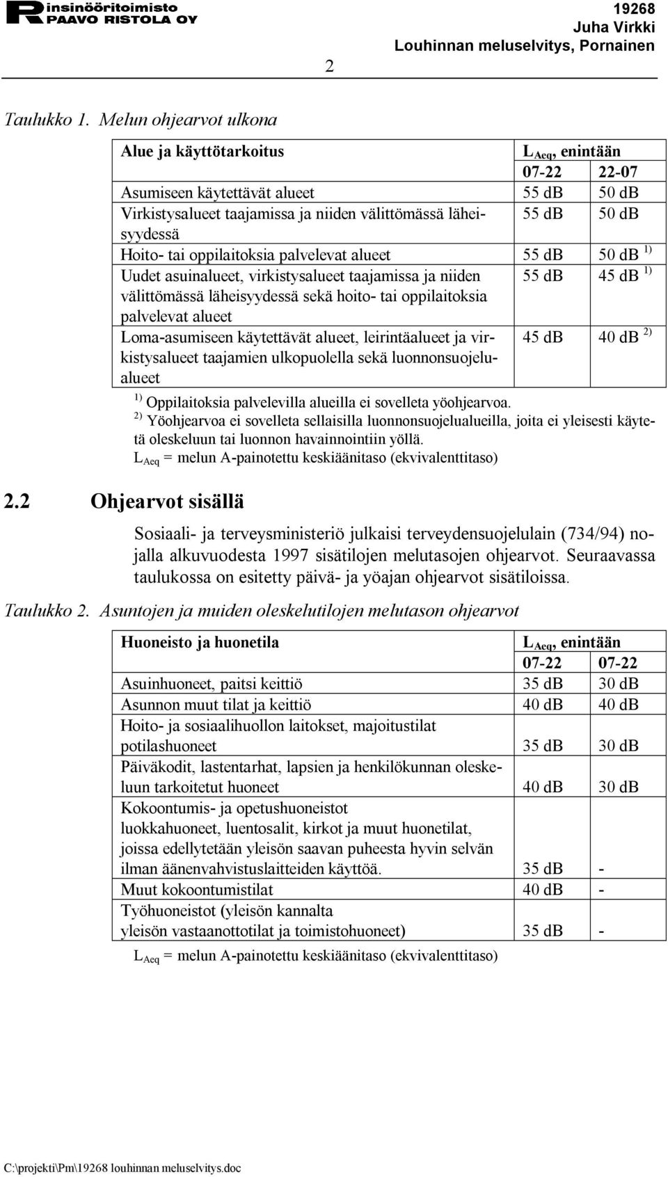 tai oppilaitoksia palvelevat alueet 55 db 50 db 1) Uudet asuinalueet, virkistysalueet taajamissa ja niiden 55 db 45 db 1) välittömässä läheisyydessä sekä hoito tai oppilaitoksia palvelevat alueet