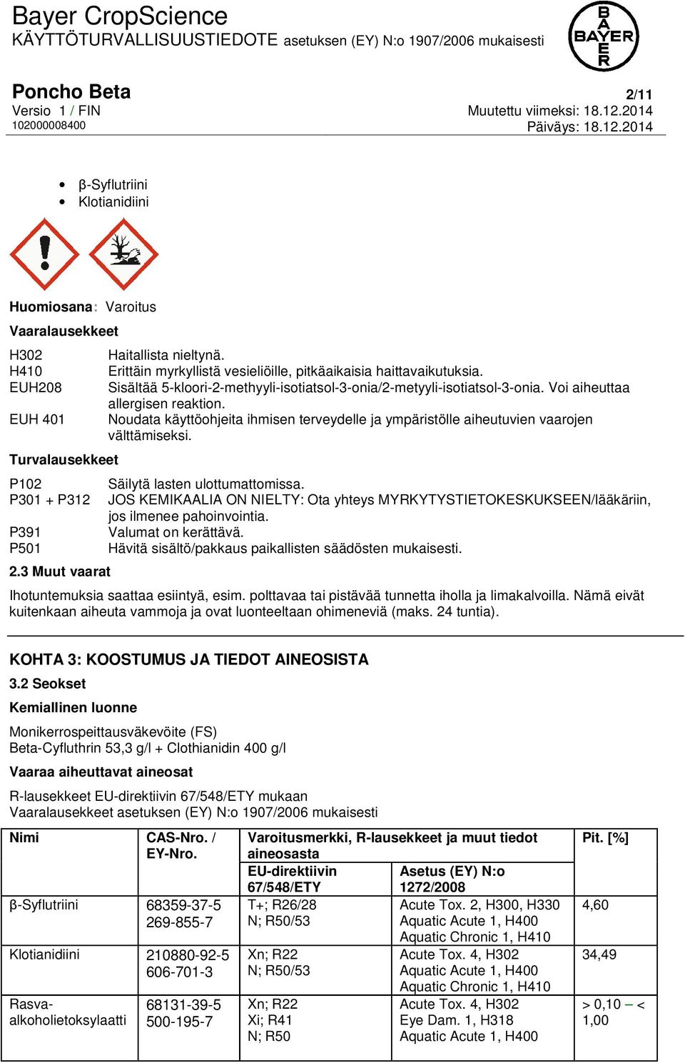 Noudata käyttöohjeita ihmisen terveydelle ja ympäristölle aiheutuvien vaarojen välttämiseksi. Säilytä lasten ulottumattomissa.