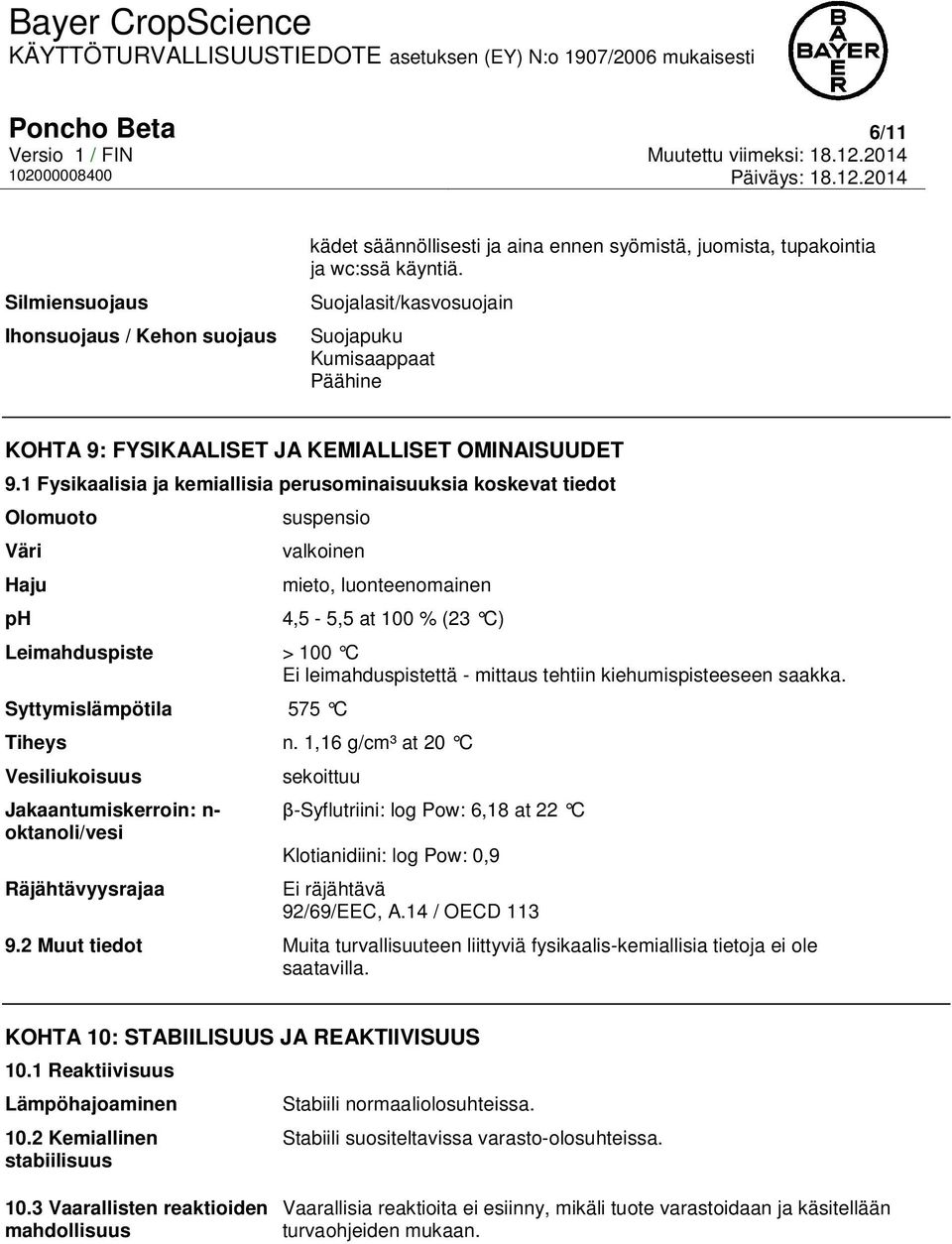 1 Fysikaalisia ja kemiallisia perusominaisuuksia koskevat tiedot Olomuoto Väri Haju ph suspensio valkoinen mieto, luonteenomainen 4,5-5,5 at 100 % (23 C) Leimahduspiste > 100 C Ei leimahduspistettä -