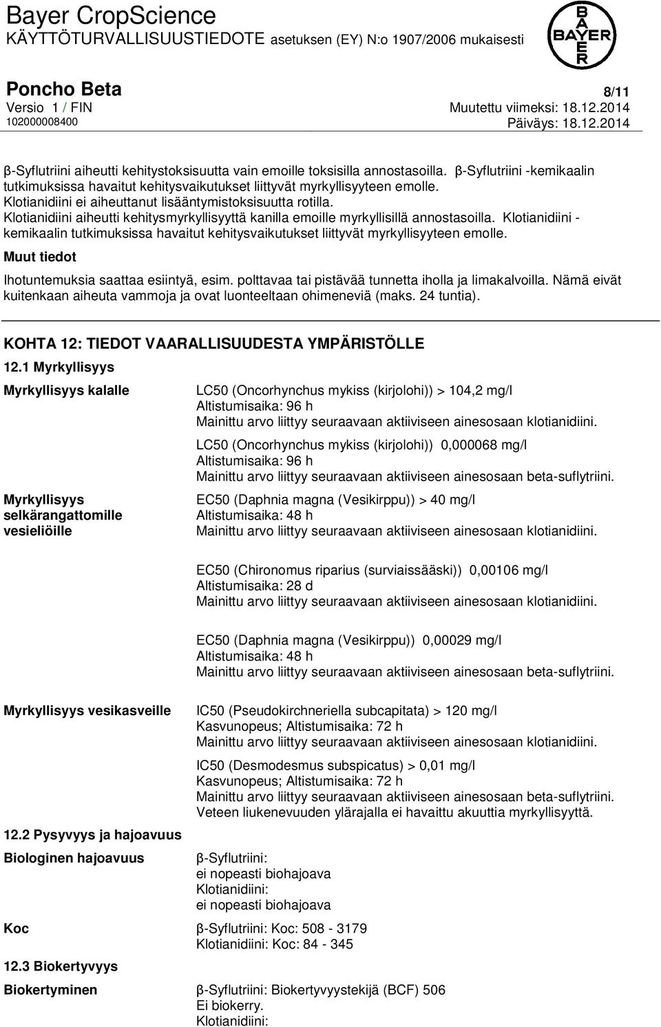 Klotianidiini - kemikaalin tutkimuksissa havaitut kehitysvaikutukset liittyvät myrkyllisyyteen emolle. Muut tiedot Ihotuntemuksia saattaa esiintyä, esim.