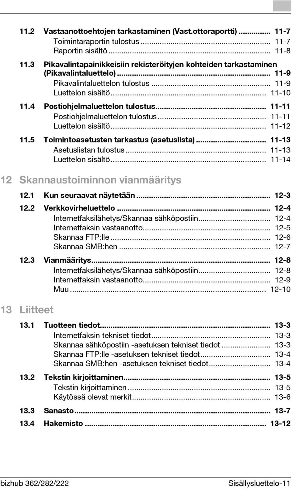 .. 11-11 Postiohjelmaluettelon tulostus... 11-11 Luettelon sisältö... 11-12 11.5 Toimintoasetusten tarkastus (asetuslista)... 11-13 Asetuslistan tulostus... 11-13 Luettelon sisältö.