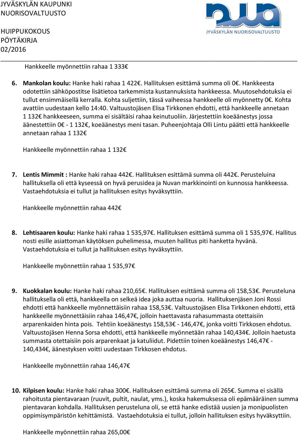 Valtuustojäsen Elisa Tirkkonen ehdotti, että hankkeelle annetaan 1 132 hankkeeseen, summa ei sisältäisi rahaa keinutuoliin.