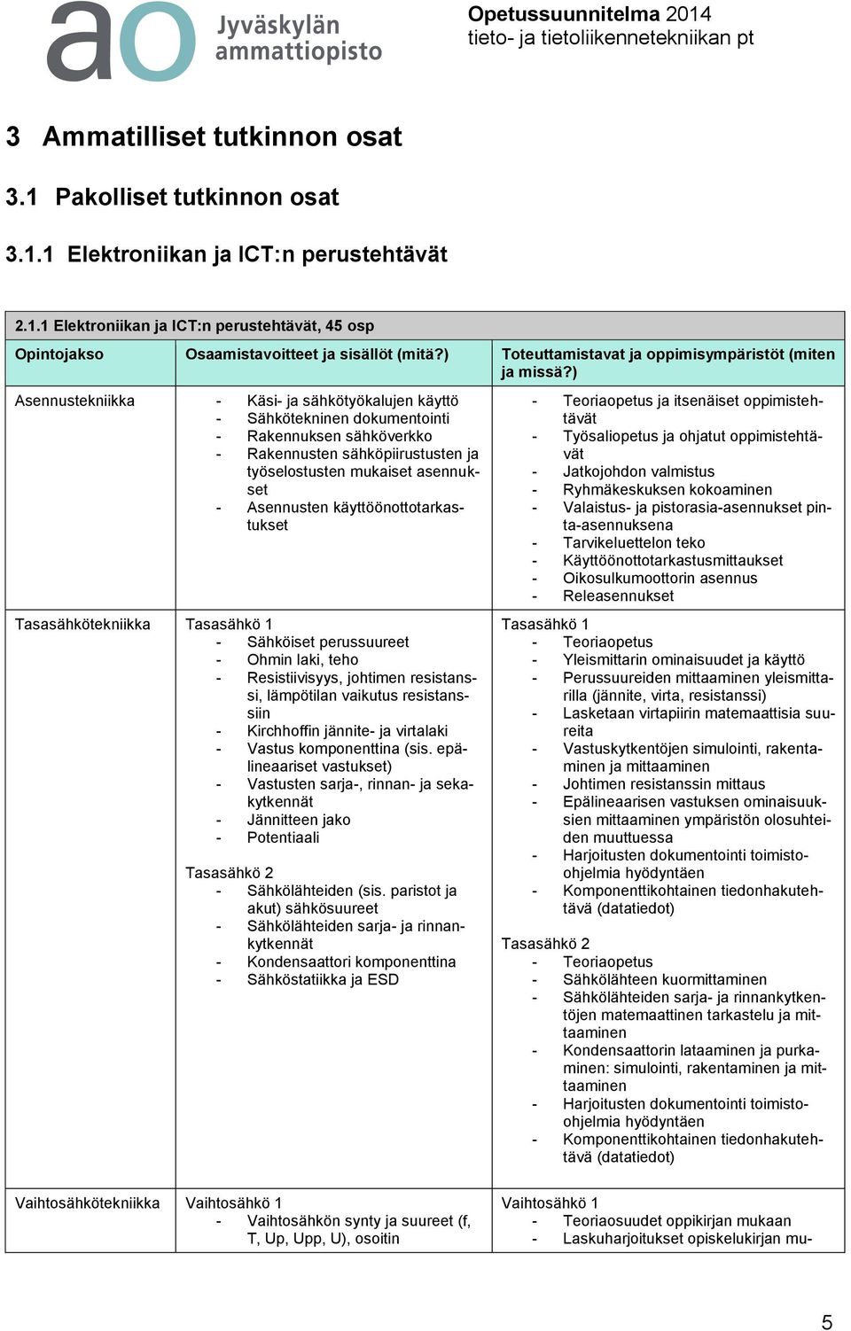 ) Asennustekniikka - Käsi- ja sähkötyökalujen käyttö - Sähkötekninen dokumentointi - Rakennuksen sähköverkko - Rakennusten sähköpiirustusten ja työselostusten mukaiset asennukset - Asennusten