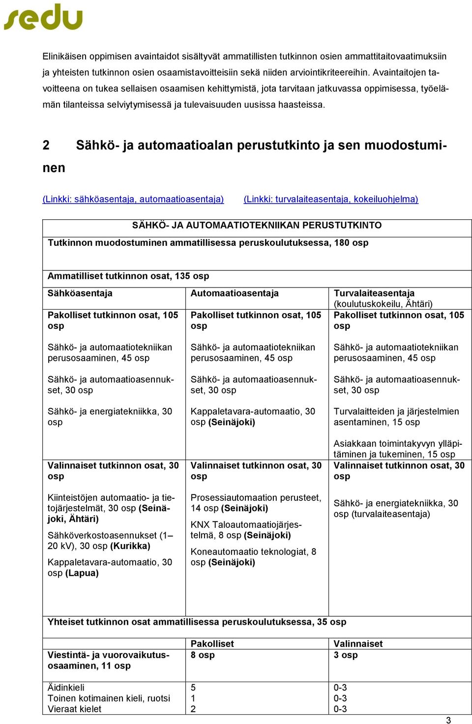 2 Sähkö- ja automaatioalan perustutkinto ja sen muodostuminen (Linkki: sähköasentaja, automaatioasentaja) (Linkki: turvalaiteasentaja, kokeiluohjelma) SÄHKÖ- JA AUTOMAATIOTEKNIIKAN PERUSTUTKINTO