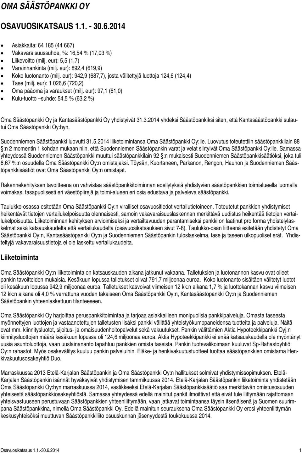 eur): 97,1 (61,0) Kulu-tuotto suhde: 54,5 % (63,2 %) Oma Säästöpankki Oy ja Kantasäästöpankki Oy yhdistyivät 31.3.2014 yhdeksi Säästöpankiksi siten, että Kantasäästöpankki sulautui Oma Säästöpankki Oy:hyn.