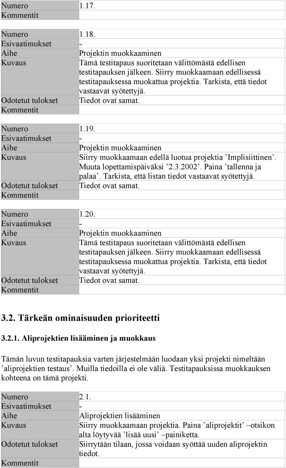 Tarkista, että listan tiedot vastaavat syötettyjä. Numero 1.20. Projektin muokkaaminen Tämä testitapaus suoritetaan välittömästä edellisen testitapauksen jälkeen.