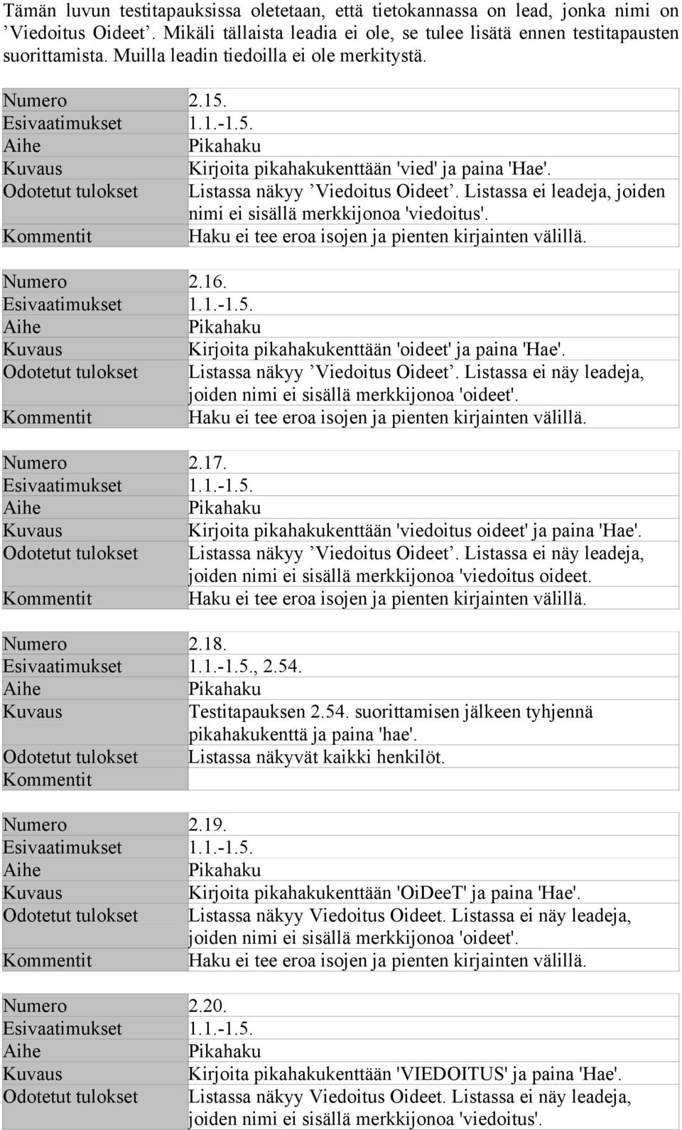 Listassa ei leadeja, joiden nimi ei sisällä merkkijonoa 'viedoitus'. Haku ei tee eroa isojen ja pienten kirjainten välillä. Numero 2.16. Esivaatimukset 1.1.-1.5.