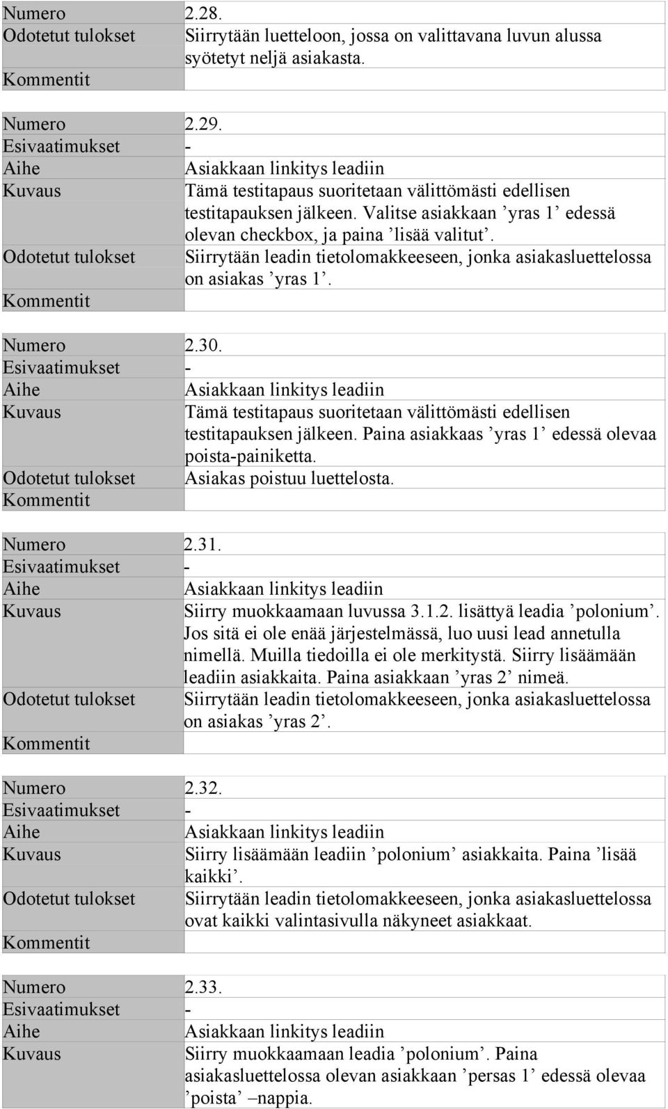 Asiakkaan linkitys leadiin testitapauksen jälkeen. Paina asiakkaas yras 1 edessä olevaa poista-painiketta. Odotetut tulokset Asiakas poistuu luettelosta. Numero 2.31.