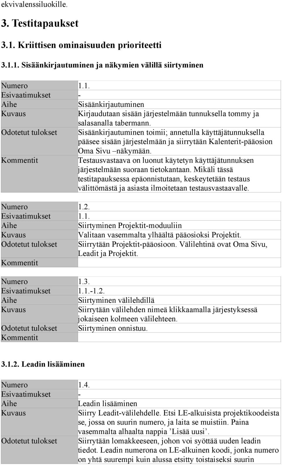 Testausvastaava on luonut käytetyn käyttäjätunnuksen järjestelmään suoraan tietokantaan.