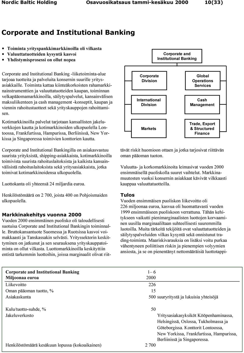 Toiminta kattaa kiinteäkorkoisten rahamarkkinainstrumenttien ja valuuttatuotteiden kaupan, toiminnan velkapääomamarkkinoilla, säilytyspalvelut, kansainvälisen maksuliikenteen ja cash management