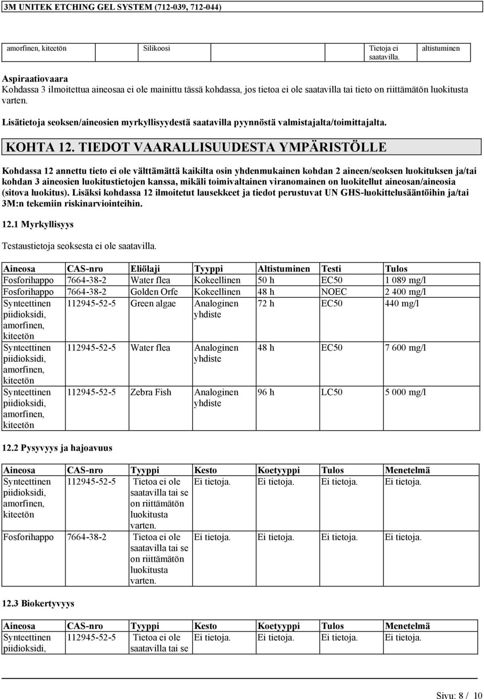 myrkyllisyydestä saatavilla pyynnöstä valmistajalta/toimittajalta. KOHTA 12.