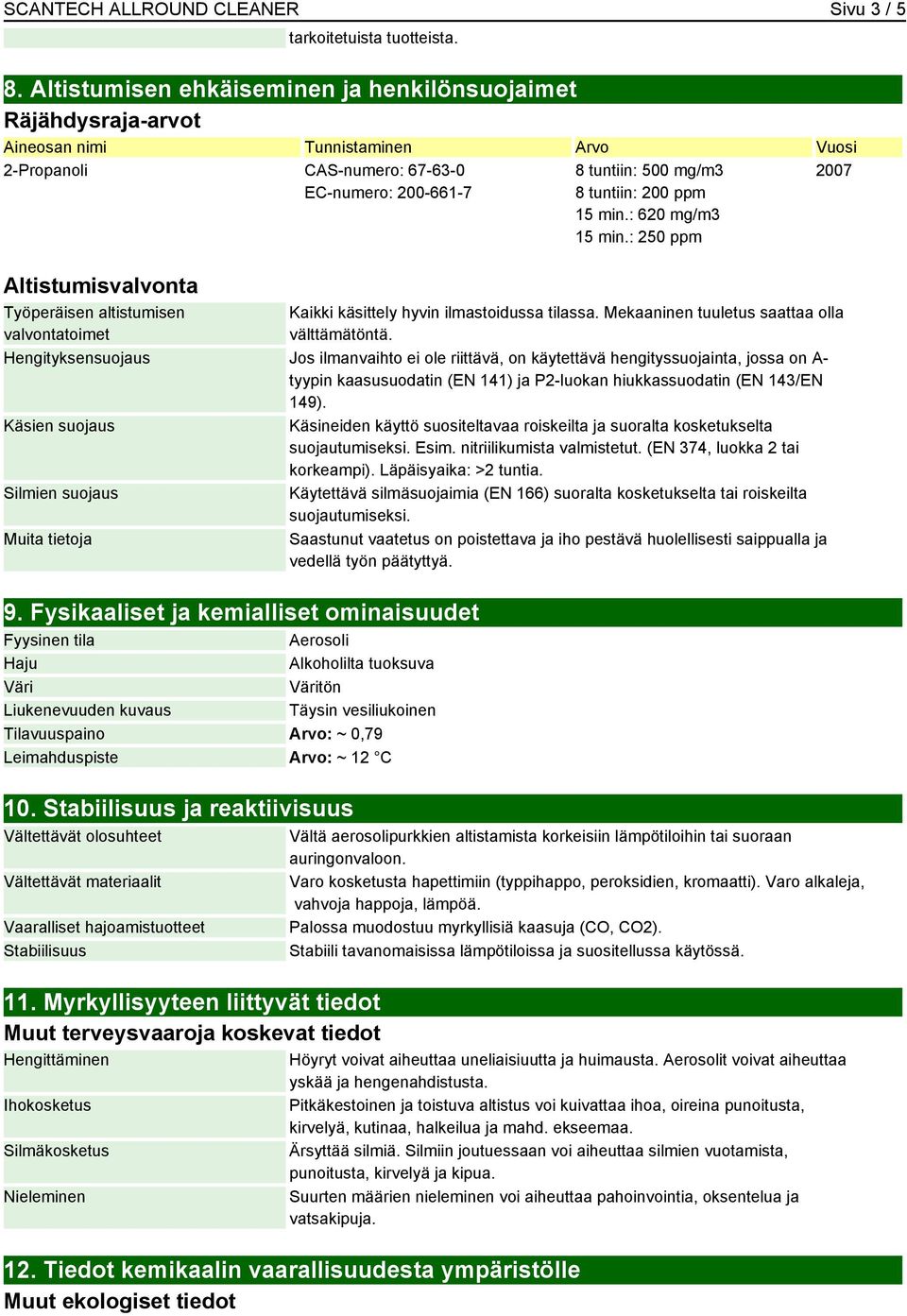 altistumisen valvontatoimet 8 tuntiin: 500 mg/m3 8 tuntiin: 200 ppm 15 min.: 620 mg/m3 15 min.: 250 ppm 2007 Kaikki käsittely hyvin ilmastoidussa tilassa.