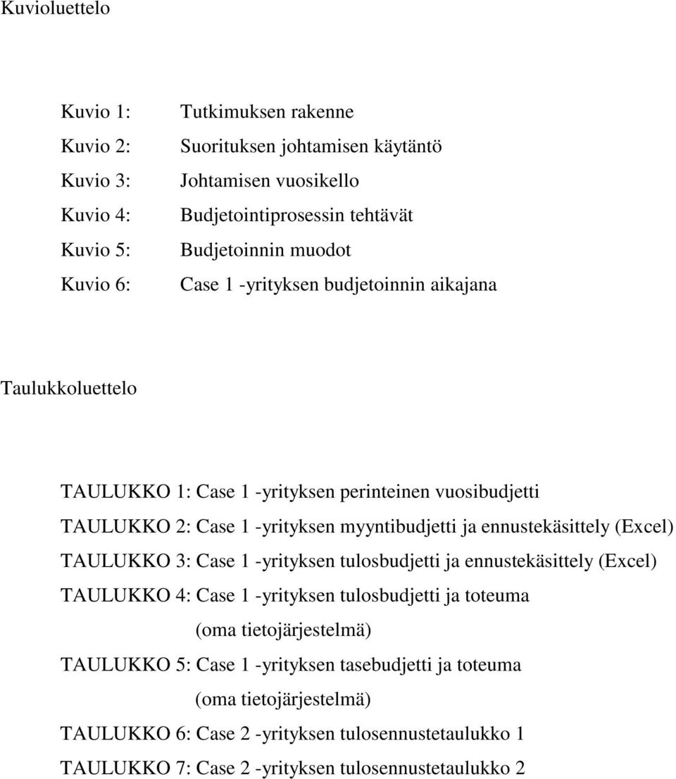 ja ennustekäsittely (Excel) TAULUKKO 3: Case 1 -yrityksen tulosbudjetti ja ennustekäsittely (Excel) TAULUKKO 4: Case 1 -yrityksen tulosbudjetti ja toteuma (oma tietojärjestelmä)