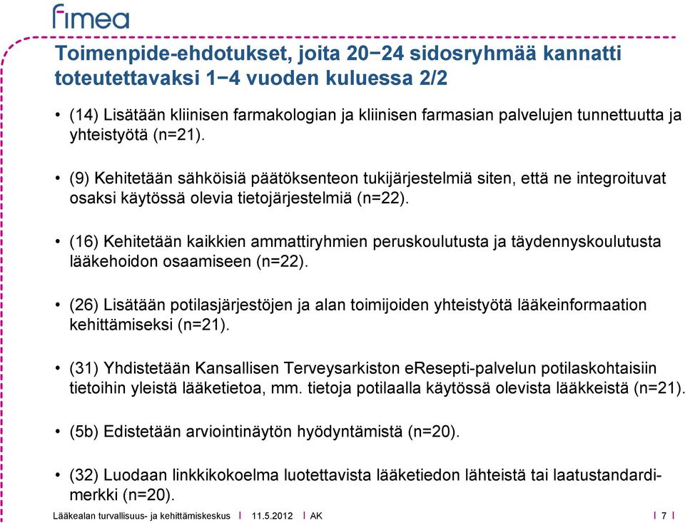 (16) Kehitetään kaikkien ammattiryhmien peruskoulutusta ja täydennyskoulutusta lääkehoidon osaamiseen (n=22).