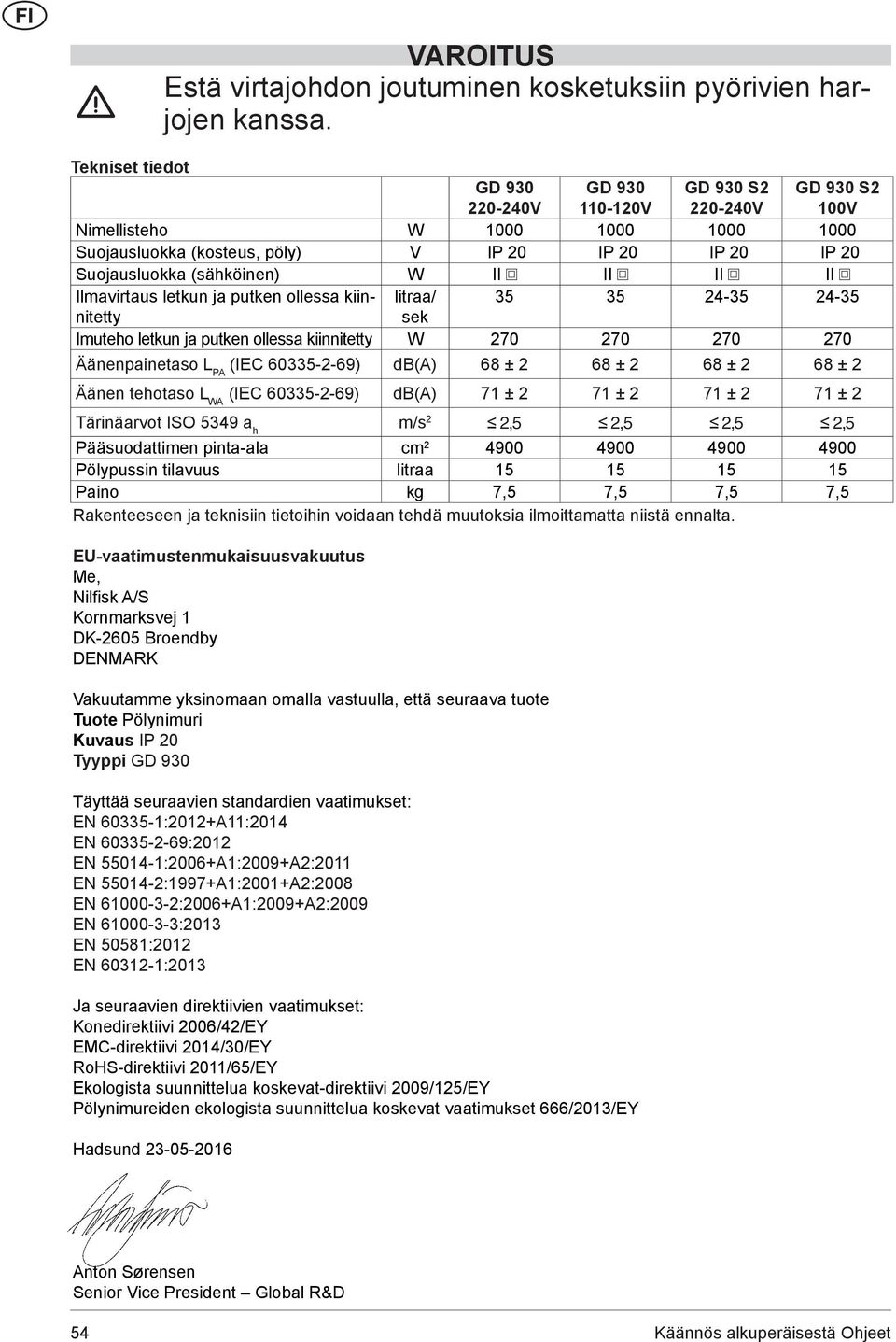 68 ± 2 68 ± 2 68 ± 2 68 ± 2 Äänen tehotaso L WA (IEC 60335-2-69) db(a) 71 ± 2 71 ± 2 71 ± 2 71 ± 2 Tärinäarvot ISO 5349 a h m/s 2 2,5 2,5 2,5 2,5 Pääsuodattimen pinta-ala cm 2 4900 4900 4900 4900