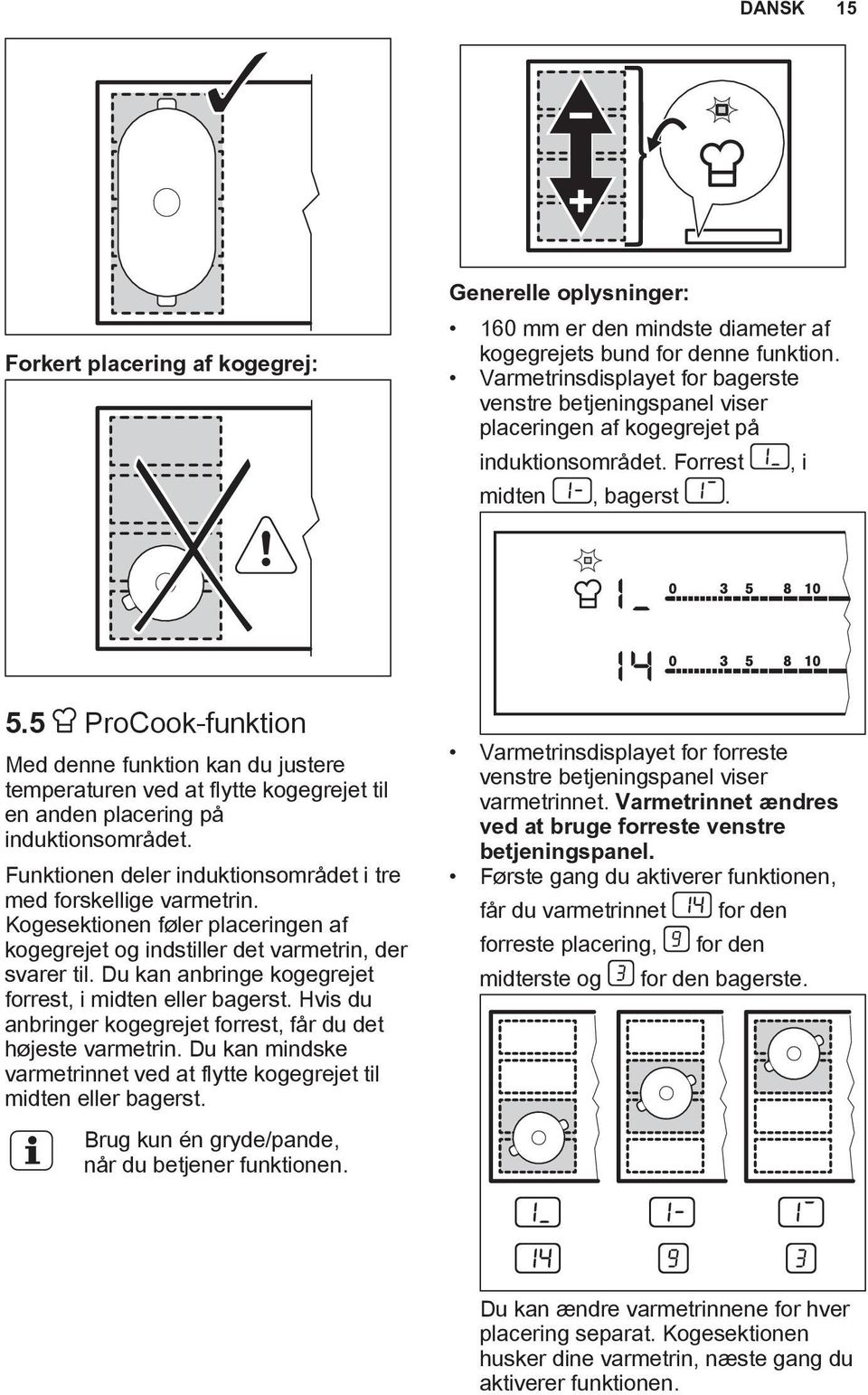 5 ProCook-funktion Med denne funktion kan du justere temperaturen ved at flytte kogegrejet til en anden placering på induktionsområdet.