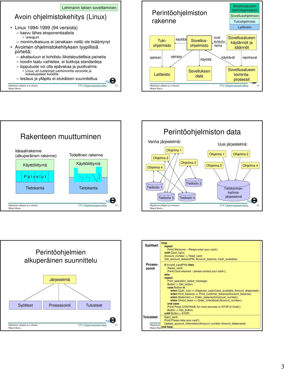 eri tuotelinjat valmiimmille versioille ja kokeiluasteen koodille testaus ja ylläpito ei etukäteen suunniteltua TTY Ohjelmistotekniikka Perintöohjelmiston rakenne ajetaan Laitteisto käyttää ajetaan