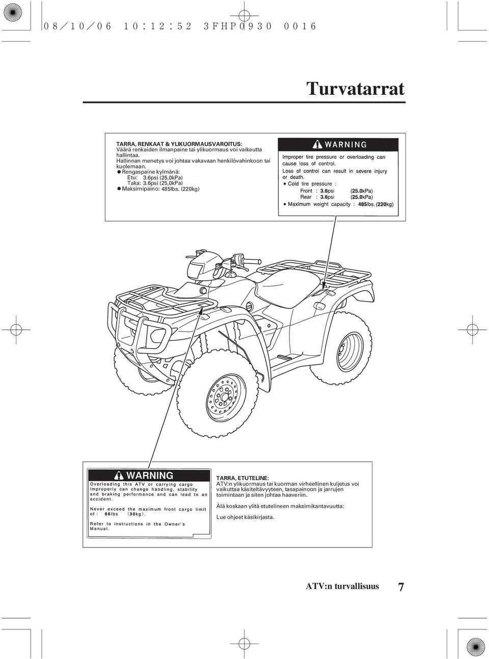 6psi (25,0kPa) Maksimipaino: 485lbs.