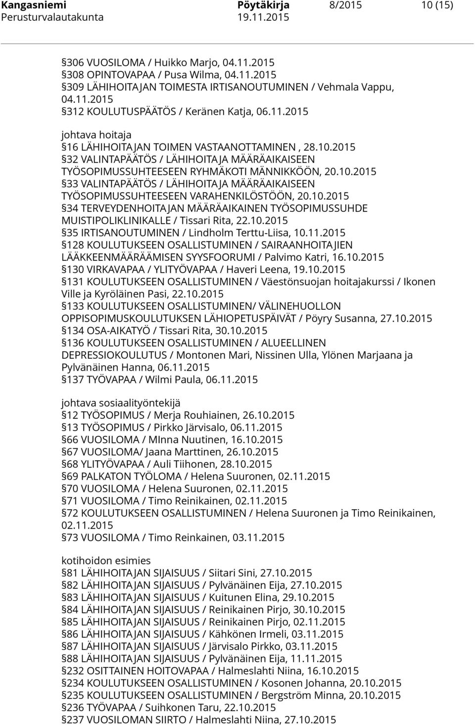 10.2015 34 TERVEYDENHOITAJAN MÄÄRÄAIKAINEN TYÖSOPIMUSSUHDE MUISTIPOLIKLINIKALLE / Tissari Rita, 22.10.2015 35 IRTISANOUTUMINEN / Lindholm Terttu-Liisa, 10.11.