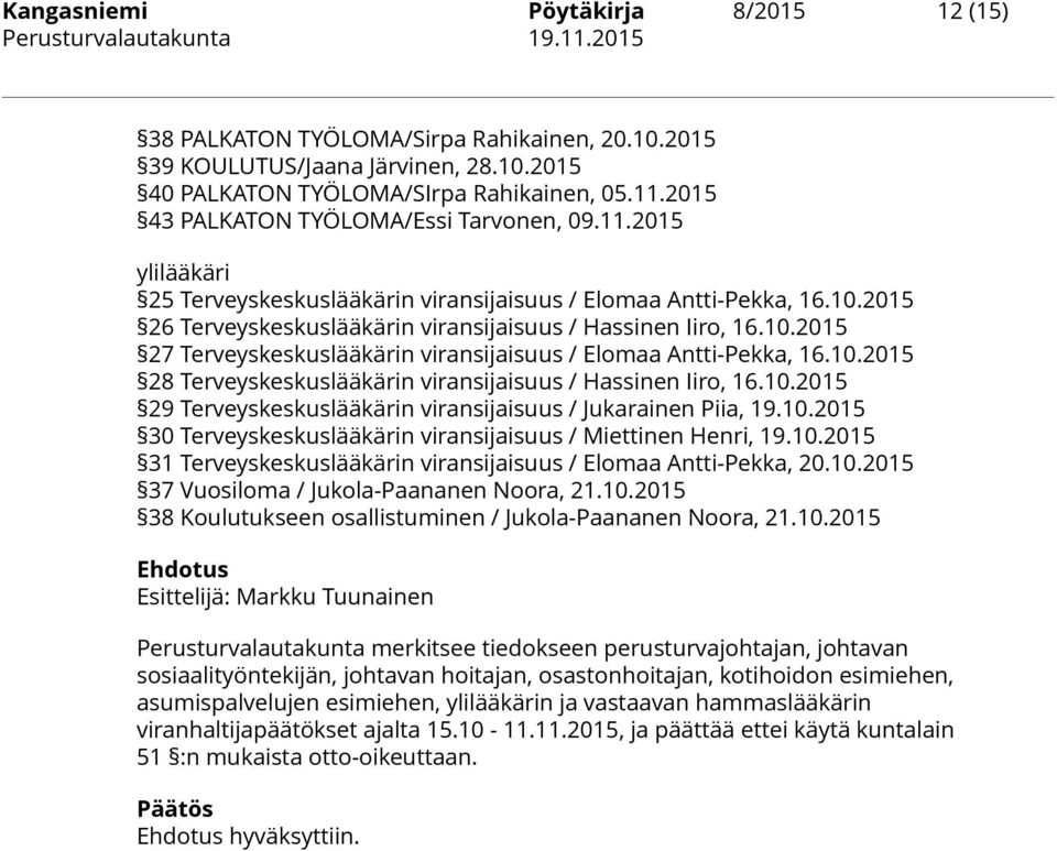 10.2015 28 Terveyskeskuslääkärin viransijaisuus / Hassinen Iiro, 16.10.2015 29 Terveyskeskuslääkärin viransijaisuus / Jukarainen Piia, 19.10.2015 30 Terveyskeskuslääkärin viransijaisuus / Miettinen Henri, 19.