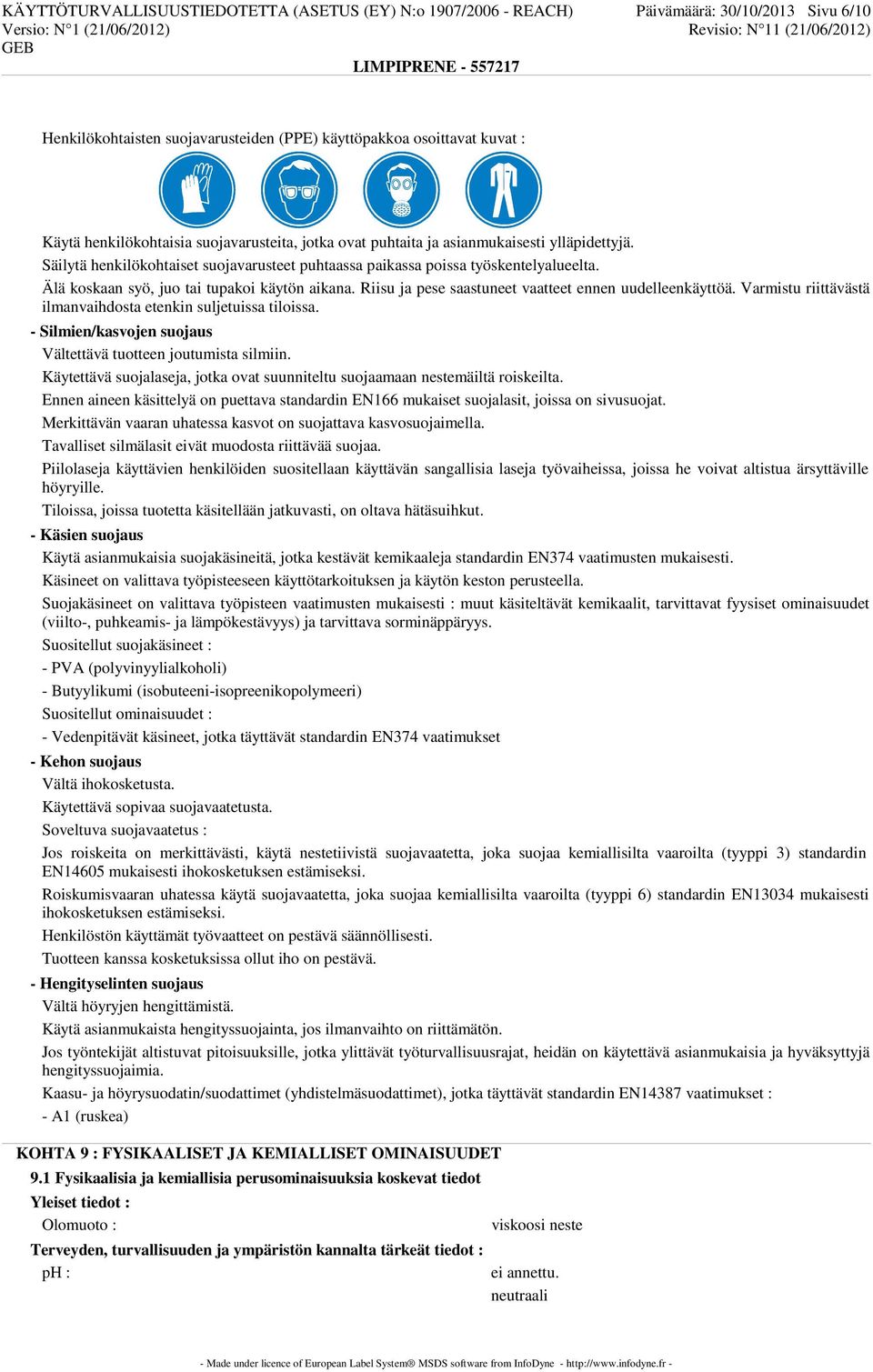 Älä koskaan syö, juo tai tupakoi käytön aikana. Riisu ja pese saastuneet vaatteet ennen uudelleenkäyttöä. Varmistu riittävästä ilmanvaihdosta etenkin suljetuissa tiloissa.