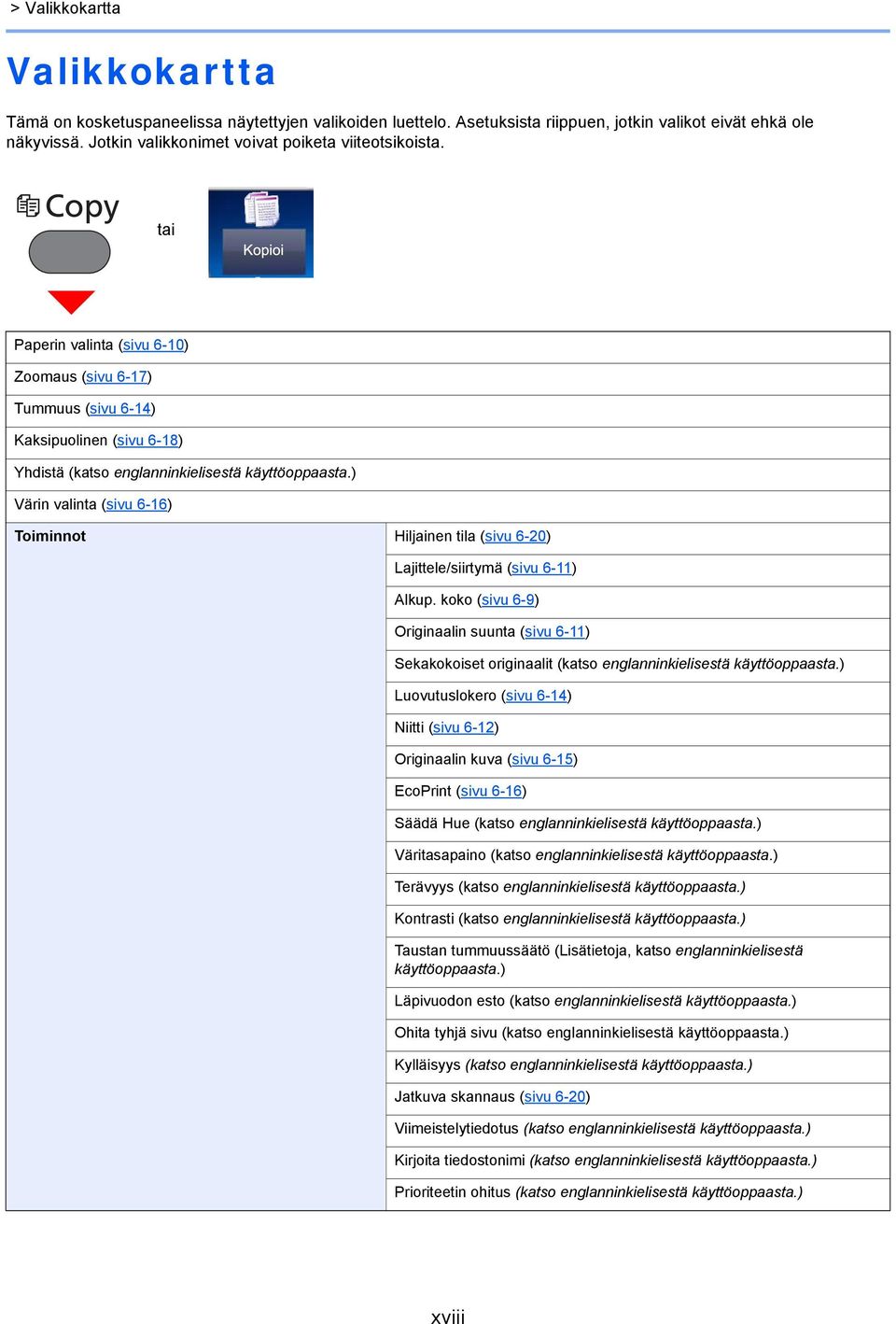 ) Värin valinta (sivu 6-16) Toiminnot Hiljainen tila (sivu 6-20) Lajittele/siirtymä (sivu 6-11) Alkup.