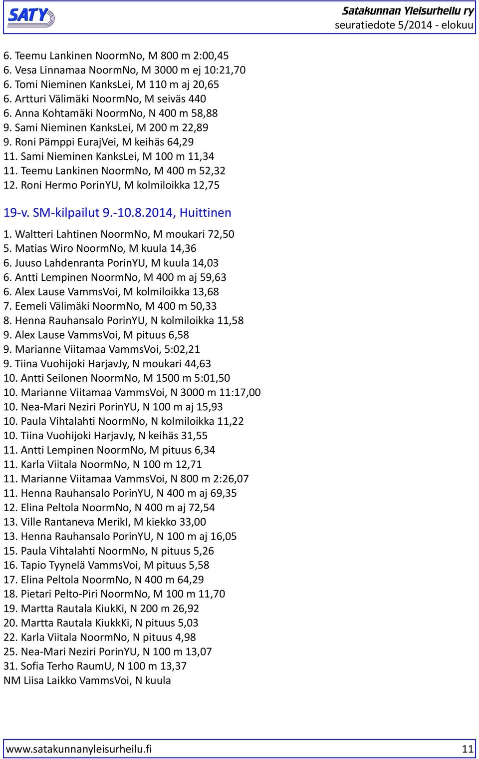 .204, Huittinen. Waltteri Lahtinen, M moukari 2,50 5. Matias Wiro, M kuula 4,36 6. Juuso Lahdenranta, M kuula 4,03 6. Antti Lempinen, M 400 m aj 5,63 6. Alex Lause VammsVoi, M kolmiloikka 3,6.