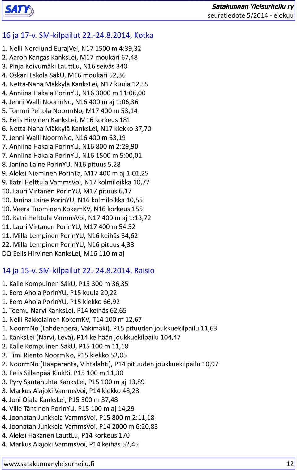 Eelis Hirvinen KanksLei, M6 korkeus 6. Netta-Nana Mäkkylä KanksLei, N kiekko 3,0. Jenni Walli, N6 400 m 63,. Anniina Hakala, N6 00 m 2:2,0. Anniina Hakala, N6 500 m 5:00,0.