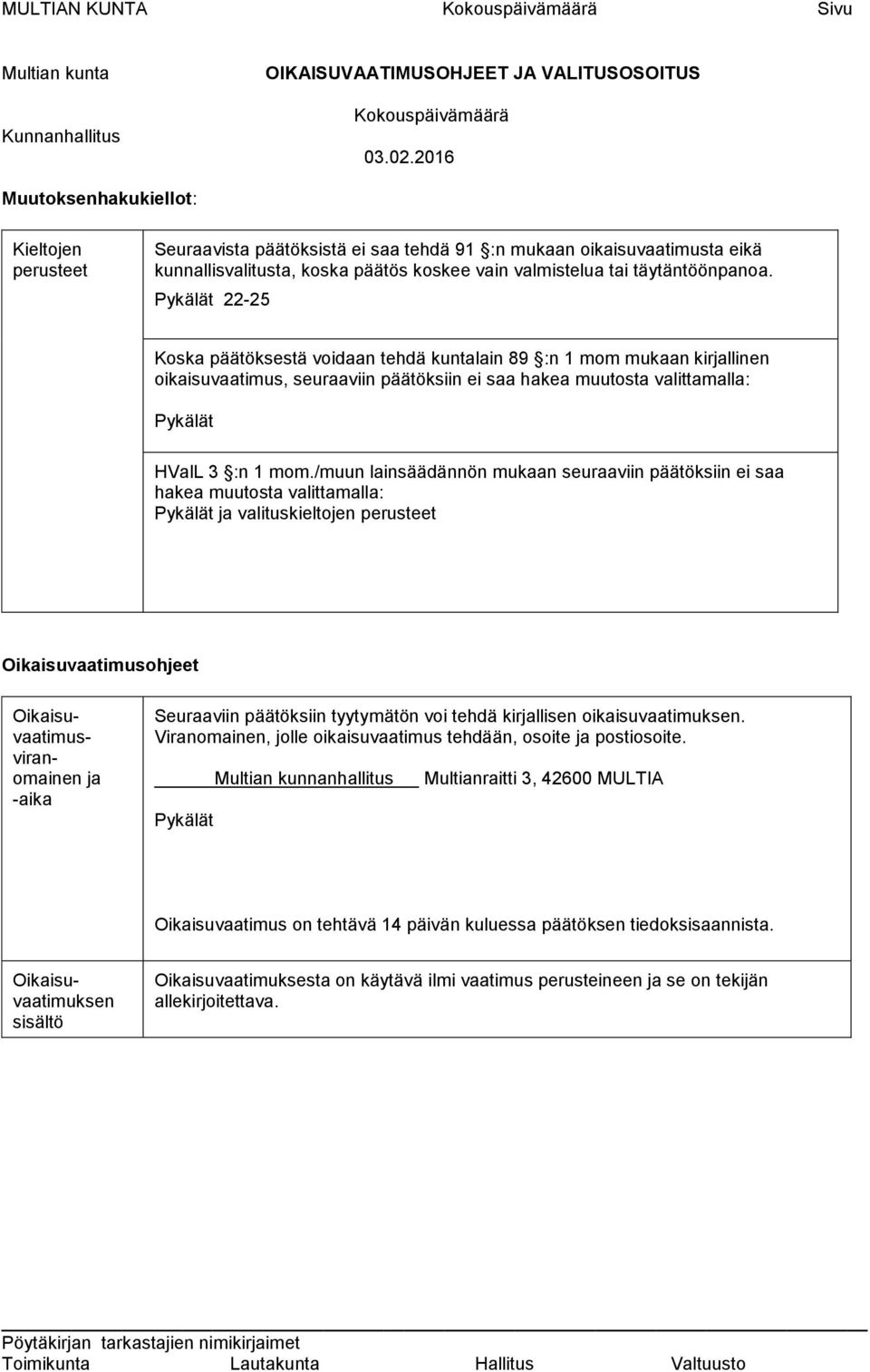 Pykälät 22-25 Koska päätöksestä voidaan tehdä kuntalain 89 :n 1 mom mukaan kirjallinen oikaisuvaatimus, seuraaviin päätöksiin ei saa hakea muutosta valittamalla: Pykälät HValL 3 :n 1 mom.