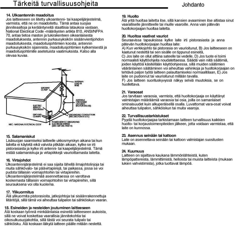 National Electrical Code -määräysten artikla 810, ANSI/NFPA 70, antaa tietoa maston ja tukirakenteen oikeanlaisesta maadoituksesta, antennin purkausyksikön sisäänvientijohdon maadoituksesta,
