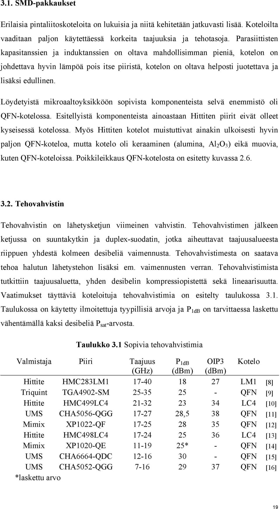 Löydetyistä mikroaaltoyksikköön sopivista komponenteista selvä enemmistö oli QFN-kotelossa. Esitellyistä komponenteista ainoastaan Hittiten piirit eivät olleet kyseisessä kotelossa.