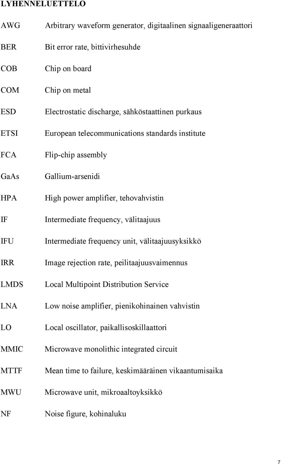 Intermediate frequency, välitaajuus Intermediate frequency unit, välitaajuusyksikkö Image rejection rate, peilitaajuusvaimennus Local Multipoint Distribution Service Low noise amplifier,