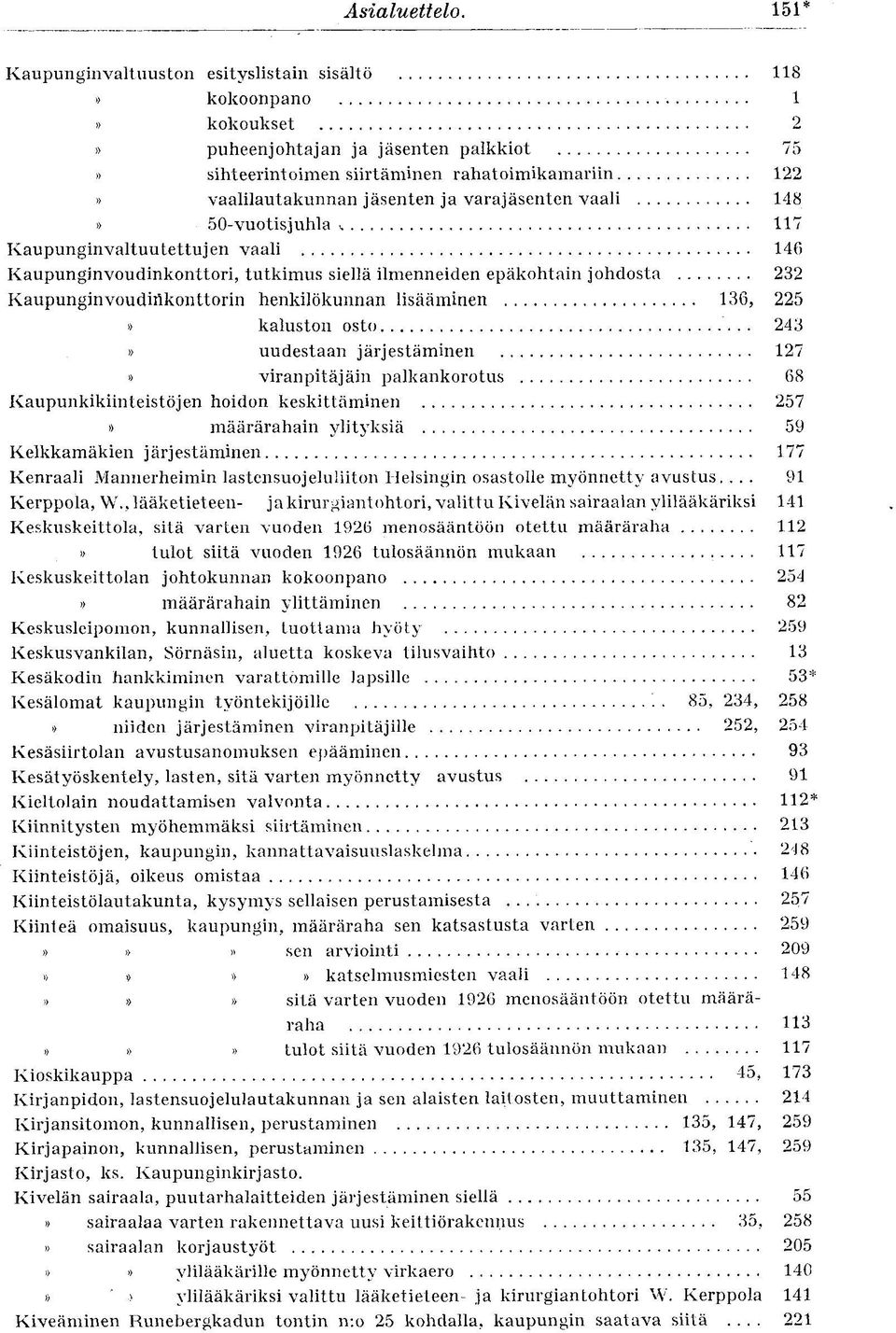 varajäsenten vaali 148» 50-vuotisjuhla 117 Kaupunginvaltuutettujen vaali 146 Kaupunginvoudinkonttori, tutkimus siellä ilmenneiden epäkohtain johdosta.