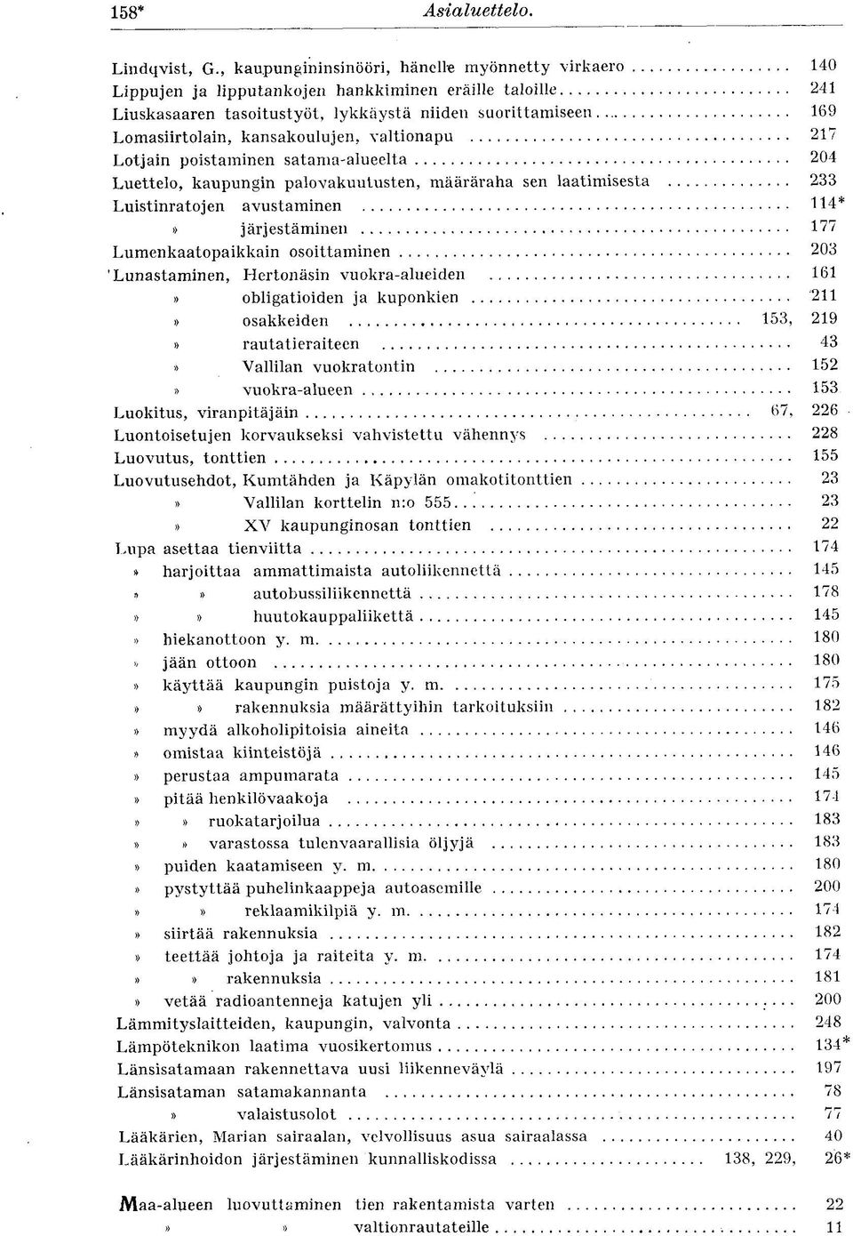 ., 169 Lomasiirtolain, kansakoulujen, valtionapu 217 Lotjain poistaminen satama-alueelta 204 Luettelo, kaupungin palovakuutusten, määräraha sen laatimisesta 233 Luistinratojen avustaminen 114*»