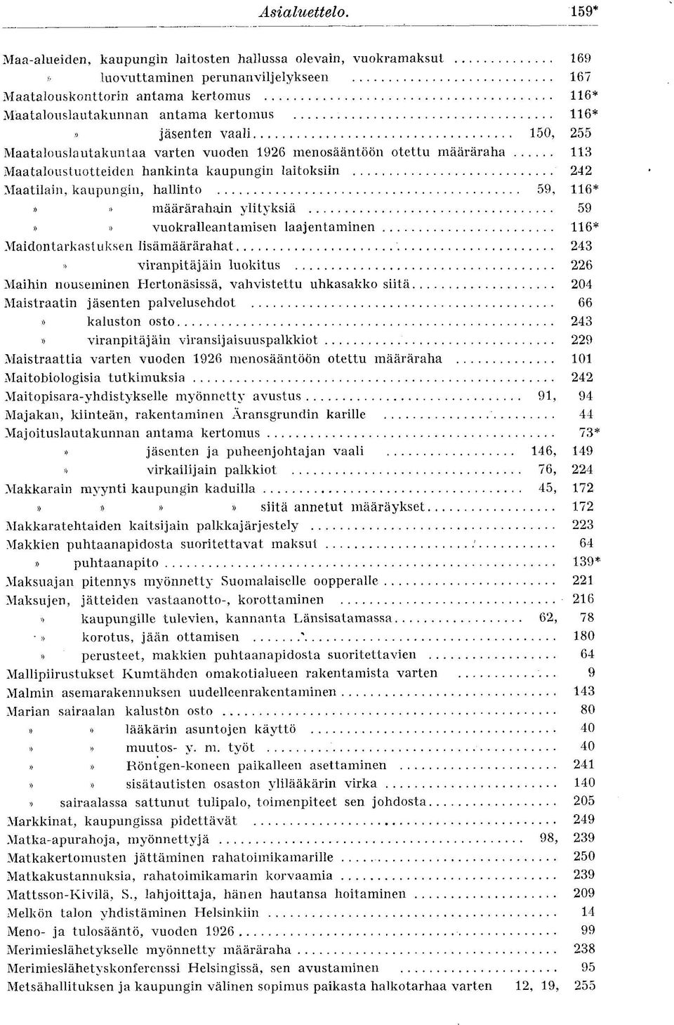 116*» jäsenten vaali 150, 255 Maatalouslautakuntaa varten vuoden 1926 menosääntöön otettu määräraha 113 Maataloustuotteiden hankinta kaupungin laitoksiin 242 Maatilain, kaupungin, hallinto 59, 116*»»