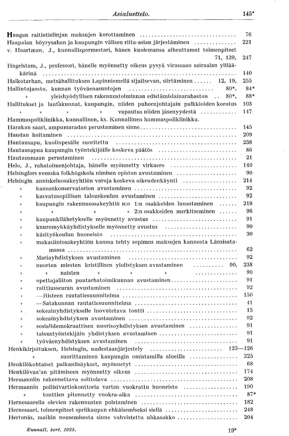 , professori, hänelle myönnetty oikeus pysyä virassaan sairaalan ylilääkärinä 140 Halkotarhan, metsähallituksen Lapinniemellä sijaitsevan, siirtäminen 12, 19, 255 Hallintojaosto, kunnan