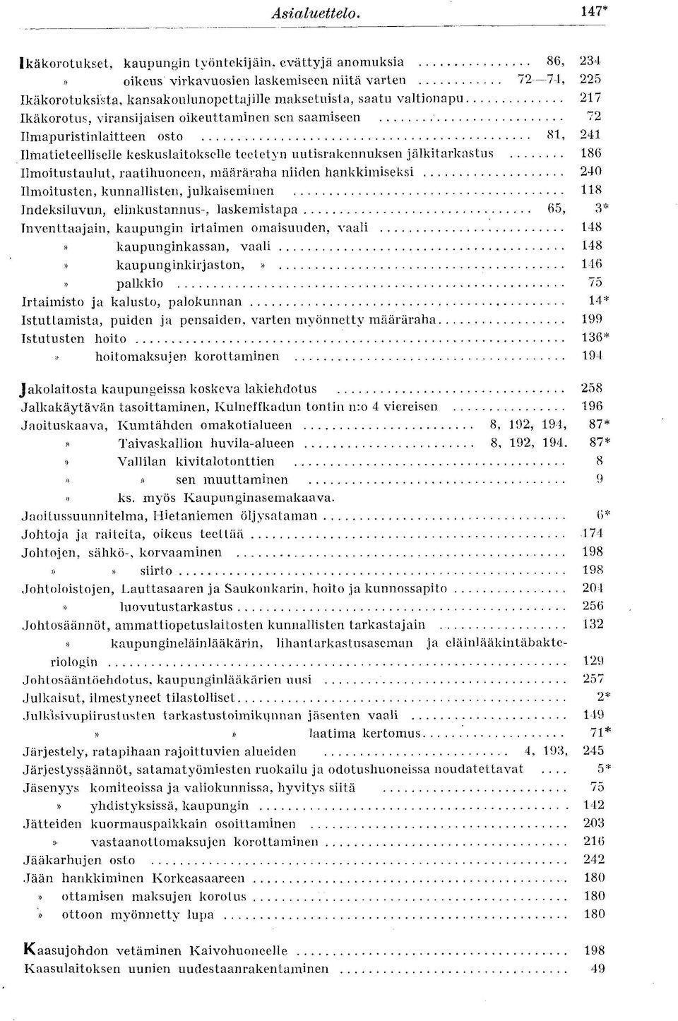 217 Ikäkorotus, viransijaisen oikeuttaminen sen saamiseen 72 Ilmapuristinlaitteen osto 81, 241 Ilmatieteelliselle keskuslaitokselle teetetyn uutisrakennuksen jälkitarkastus 186 Ilmoitustaulut,